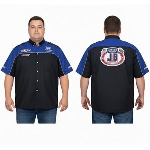 Vtg Speed Zone Justice Bros Nascar Race Button Shirt Blue Black Sz 2XL Patches